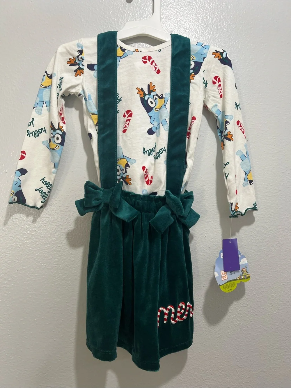 Bluey Velvet Suspender Dress Set with Holiday Print Top - Size 3T